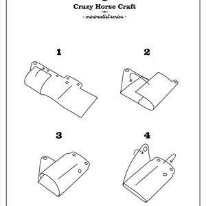 May include: A four-step illustrated guide on how to fold a leather wallet. The steps are numbered 1 through 4. The text "Crazy Horse Craft - minimalist series -" is at the top of the image.