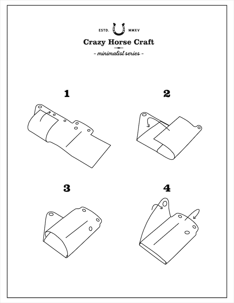 May include: A four-step illustrated guide on how to fold a leather wallet. The steps are numbered 1 through 4. The text "Crazy Horse Craft - minimalist series -" is at the top of the image.