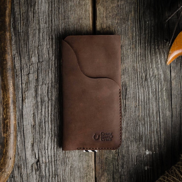 Leather iPhone 15 / 14 case, wallet with card pocket unique brown Crazy Horse style leather, iPhone 15 Plus Pro sleeve, iPhone 14 pro cover