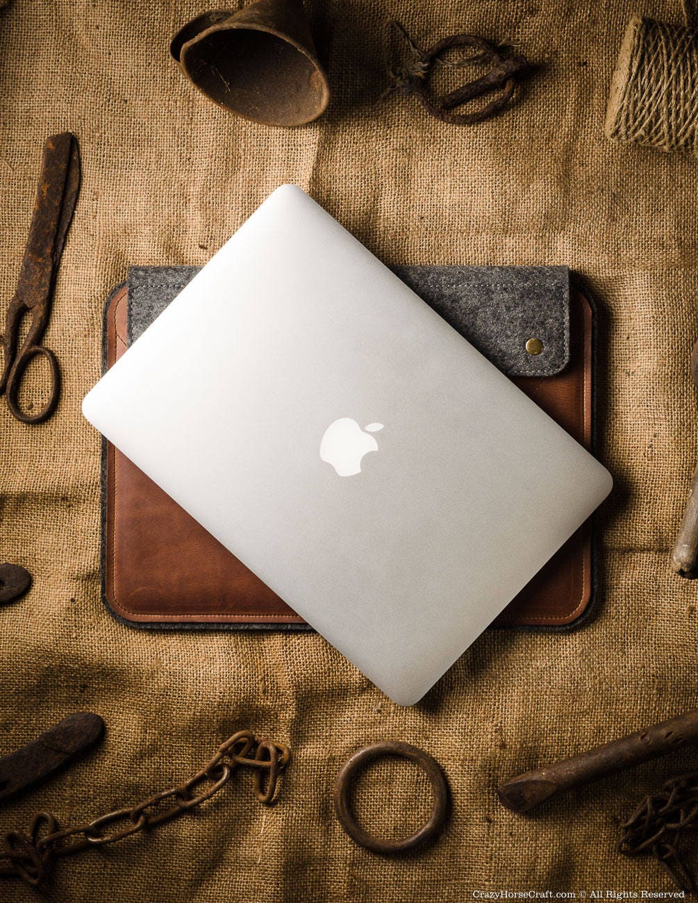 Funda Macbook 12" con funda de cuero de lana fieltro marrón estilo vintage - Imagen 6 de 43