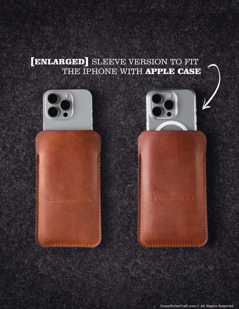 May include: Two brown leather phone sleeves, one with a silver iPhone with a clear case inside, and the other with a silver iPhone with a clear case and a white ring light inside. The text [ENLARGED] SLEEVE VERSION TO FIT THE IPHONE WITH APPLE CASE is at the top of the image.