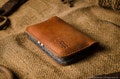 Leather business card holder, credit bank card holder, wallet, orange crazy horse leather, wool felt, for men and woman product logo
