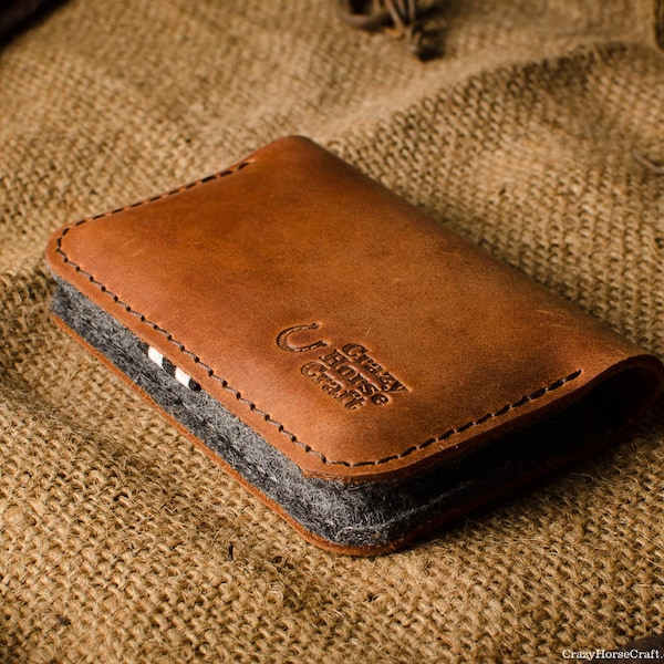 Leather business card holder, credit bank card holder, wallet, orange crazy horse leather, wool felt, for men and woman