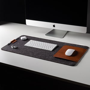 100% Wool Felt Desk Mat and Vegetable Tanned Leather mousepad, Crazy Horse Craft Style Italian leather, grey wool felt, large table desk pad
