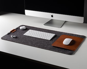 100% Wool Felt Desk Mat and Vegetable Tanned Leather mousepad, Crazy Horse Craft Style Italian leather, grey wool felt, large table desk pad