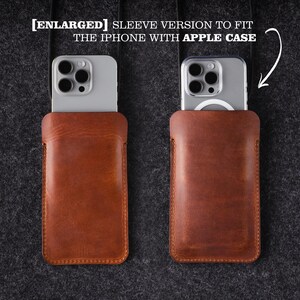 May include: Two brown leather phone cases with a stitched edge. The cases are designed to fit an iPhone with an Apple case. The text [ENLARGED] SLEEVE VERSION TO FIT THE IPHONE WITH APPLE CASE is visible at the top of the image.