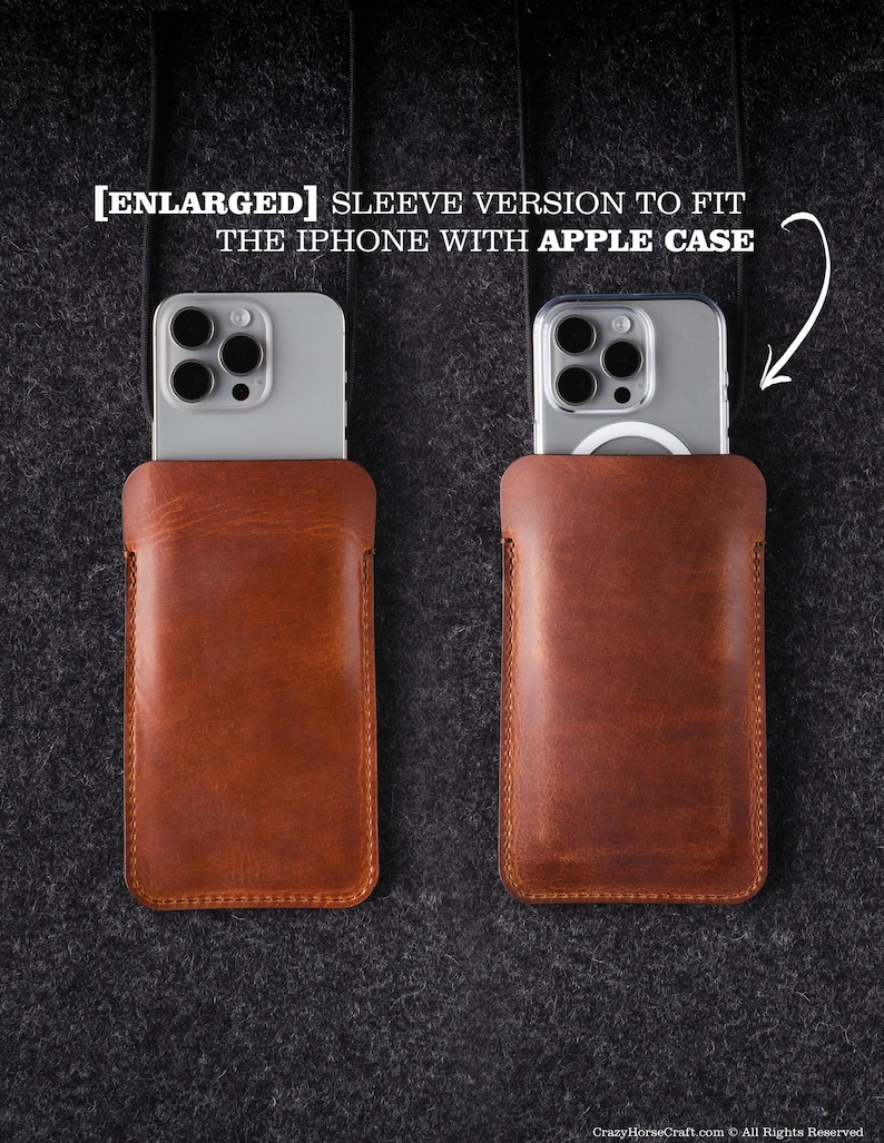 May include: Two brown leather phone cases with a stitched edge. The cases are designed to fit an iPhone with an Apple case. The text [ENLARGED] SLEEVE VERSION TO FIT THE IPHONE WITH APPLE CASE is visible at the top of the image.