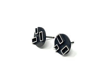 Oxidised Silver Disc Studs – Black & Silver Contrast Earrings