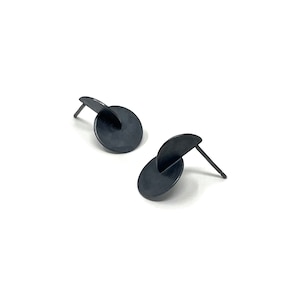 Contemporary Geometric Black Silver Stud Earrings - Minimalist, Unique, Unusual Jewellery - Oxidised Semicircle Studs for Everyday