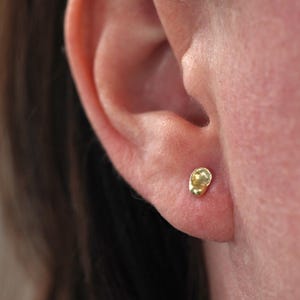 May include: A close-up of a person's ear with a small, gold, textured earring.
