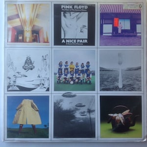 May include: A collage of nine images featuring various themes, including a building with a geometric ceiling, a nude figure, a Japanese house, a figure in a traditional Japanese outfit, a group of people playing football, a fork in a river, a yellow raincoat, a cloudy sky with flying saucers, and a teapot with bananas.