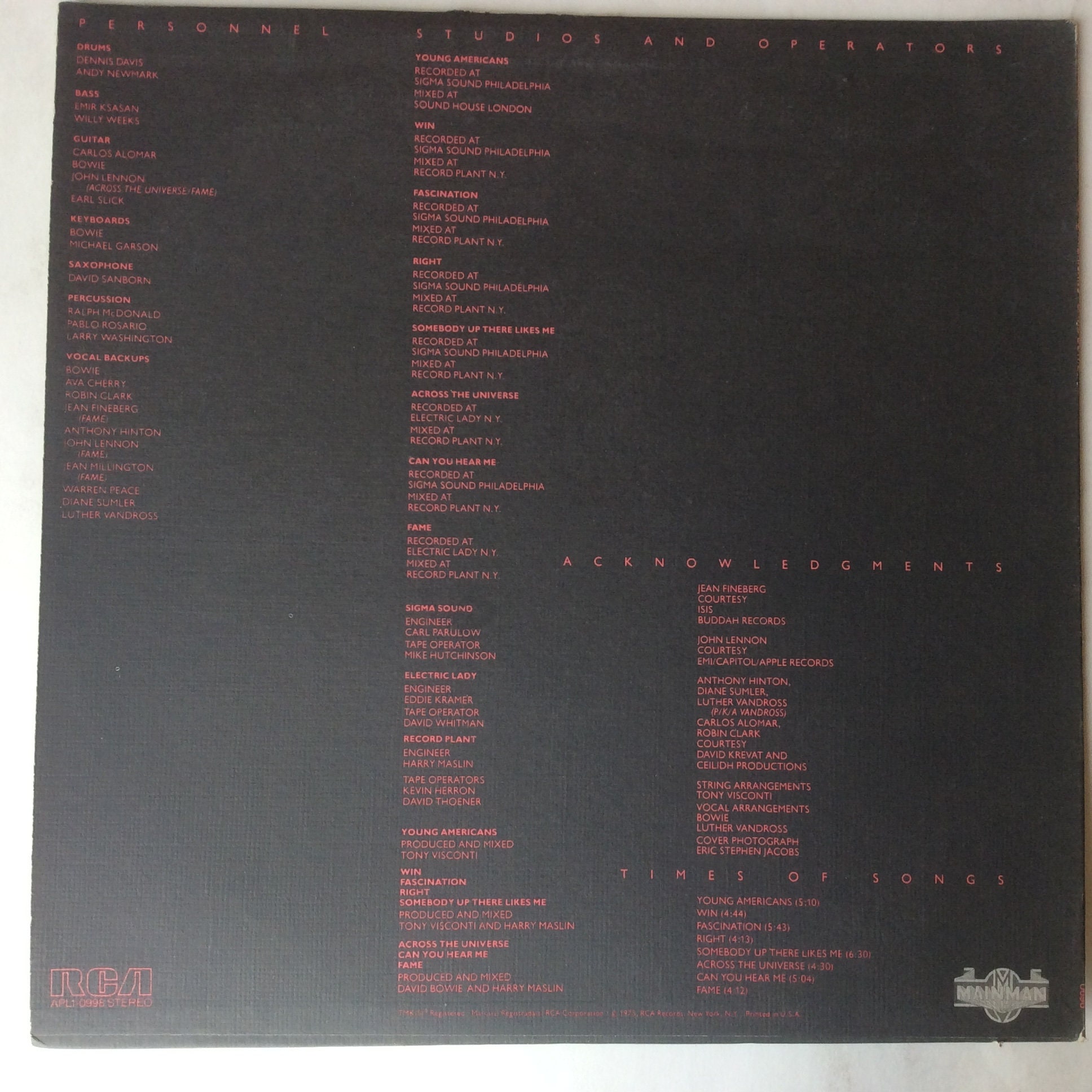 David Bowie-young Americans -1975 Orig Vinyl Record -album LP-ALP