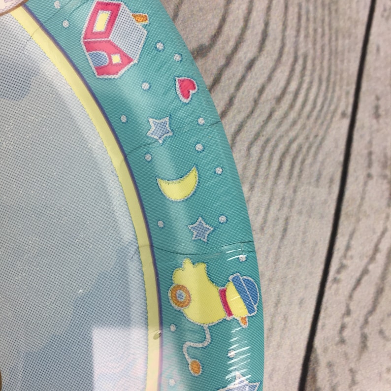 Unique Ind 9 inch Diameter Stork Baby Plates Special Delivery Boy Stork Carrying Baby Baby Shower 8 Plates per pack Made in the USA