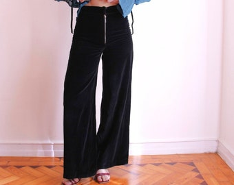 Pantaloni vintage a gamba larga, pantaloni di velluto nero, pantaloni a vita alta, pantaloni svasati