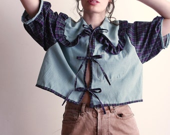 Upcycled Blouse with Tie Straps, Front Tie Blouse, Reworked Gingham Top, Plaid Shirt with Oversized Ruffle Collar, Upcycled Cropped Top