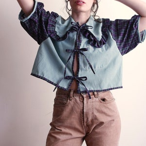 Upcycled Blouse with Tie Straps, Front Tie Blouse, Reworked Gingham Top, Plaid Shirt with Oversized Ruffle Collar, Upcycled Cropped Top