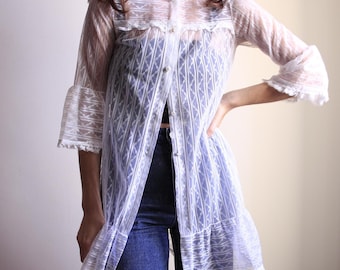 Sheer White Lace Blouse , Long Transparent Lace Shirt , Delicate Romantic White Top , Feminine Lace Tunic
