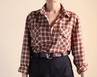 Vintage Plaid Shirt, Red Check Button Down Cotton Shirt