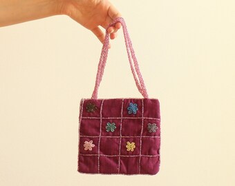 Vintage Beaded Embroidered Purple Bag , 90s Micro Handbag , Floral Beading Evening Bag