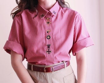 Vintage Checkered Shirt, Bordeaux Red Plaid Blouse, Embroidered Short Sleeve Shirt