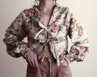 Handmade Floral Front Tie Top, Upcycled Floral Cotton Blouse, Blouse with Tie Straps, Sustainable Fashion