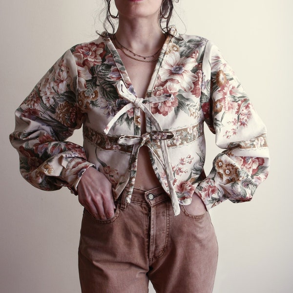 Handmade Floral Front Tie Top , Upcycled Floral Cotton Blouse , Blouse with Tie Straps , Sustainable Fashion