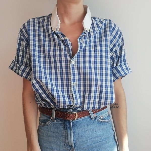 Vintage Checkered Blouse | Gingham Blouse | Blue Check Top | Short Sleeve Blouse | Button Up Shirt Checkered