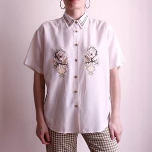 Vintage White Embroidered Blouse , Cross Stitch Embroidery Linen Shirt