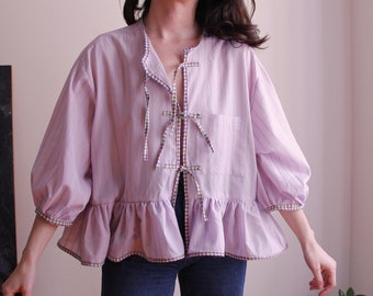 Upcycled Blouse with Tie Straps , Light Pink Front Tie Blouse , Striped Shirt , Large size , Reworked Pink Tie Straps Top