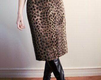 90s Vintage Leopard Print Midi Skirt , High Waisted Fur Pencil Knee Skirt