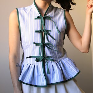 Upcycled Striped Blouse, Ruffle Cotton Shirt, Tie Front Sleeveless Top, Handmade XS/S Summer Blouse