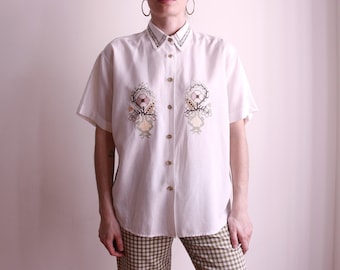 Vintage White Embroidered Blouse , Cross Stitch Embroidery Linen Shirt