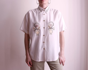 Blusa bordada blanca vintage, camisa de lino con bordado de punto de cruz