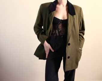 Vintage Olive Green Wool Blazer, Single-breasted Blazer, Velvet Trims, Tailored, Academia