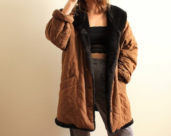 Vintage Padded Coat, Fake Fur Jacket, Oversized Coat, Puffer Long Jacket