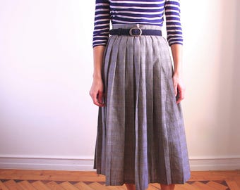 Vintage Glen Check Maxi Skirt, Wool Pleated Long Skirt