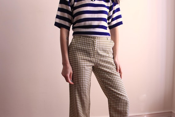 Green Checkered Capri Pants, Vintage Plaid Bermuda Shorts, Lightweight Summer Trousers, 90s Style Cropped Pants, Vintage Checkered Trousers