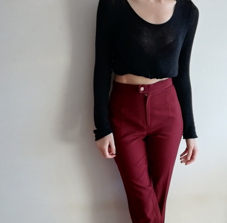 High Waist Trousers Straight Legs Ankle Pants XS Pants Vintage 80/'s Burgundy Pants