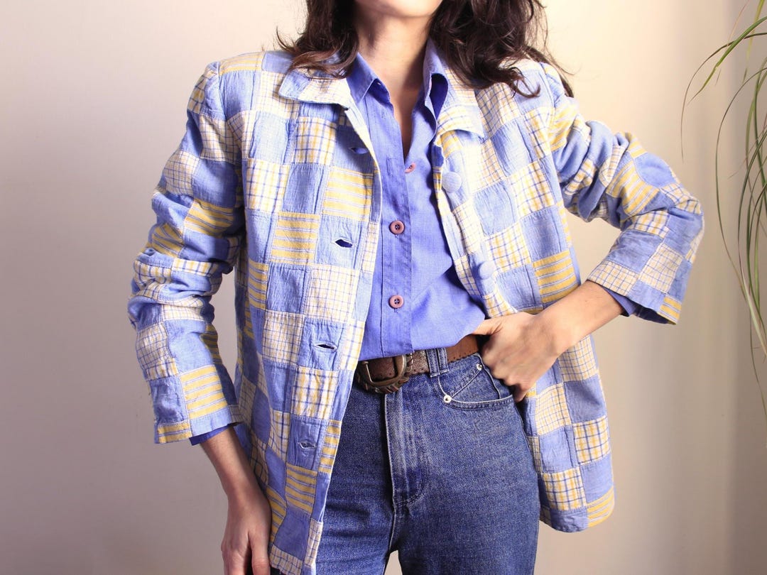 Blue Jacket Patchwork Vintage Patchwork Jacket, Checkered Blue Jacket - Etsy