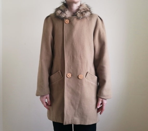 Vintage Tan Overcoat | Fake Fur Collar Coat | Tan