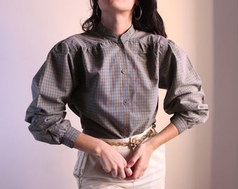 Vintage Plaid Cotton Blouse, Balloon Sleeves & Mandarin Collar, Green Blue Checkered Shirt