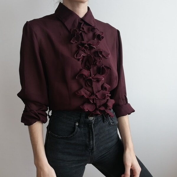 Vintage 80's Ruffle Burgundy Blouse | Sheer Mesh Long Sleeve Shirt | Romantic victorian top