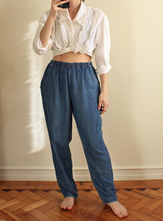 Vintage Relaxed Fit Pants, Elastic Waist Pants, Light Denim Trousers