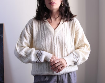 Vintage White Knit Pullover , Cable Wool V Neck Sweater