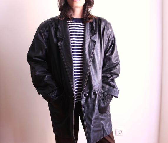 80s Vintage Oversized Double Breasted Leather Jacket, Black Leather Jacket, Long Black Leather Coat, Large Size 80s Vintage Oversized Double Breasted Leather Jacket, Black Leather Jacket, Long Black Leather Coat, Large Size