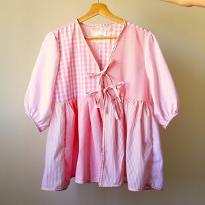 Pink Patchwork Blouse with Front Tie, Upcycled Vintage Shirt with Balloon Sleeves and Ruffle, Handmade Reworked Top S/M