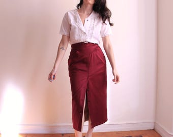 Burgundy High Waist Pencil Skirt, Vintage Midi Skirt, Vintage Tailored Long Skirt,