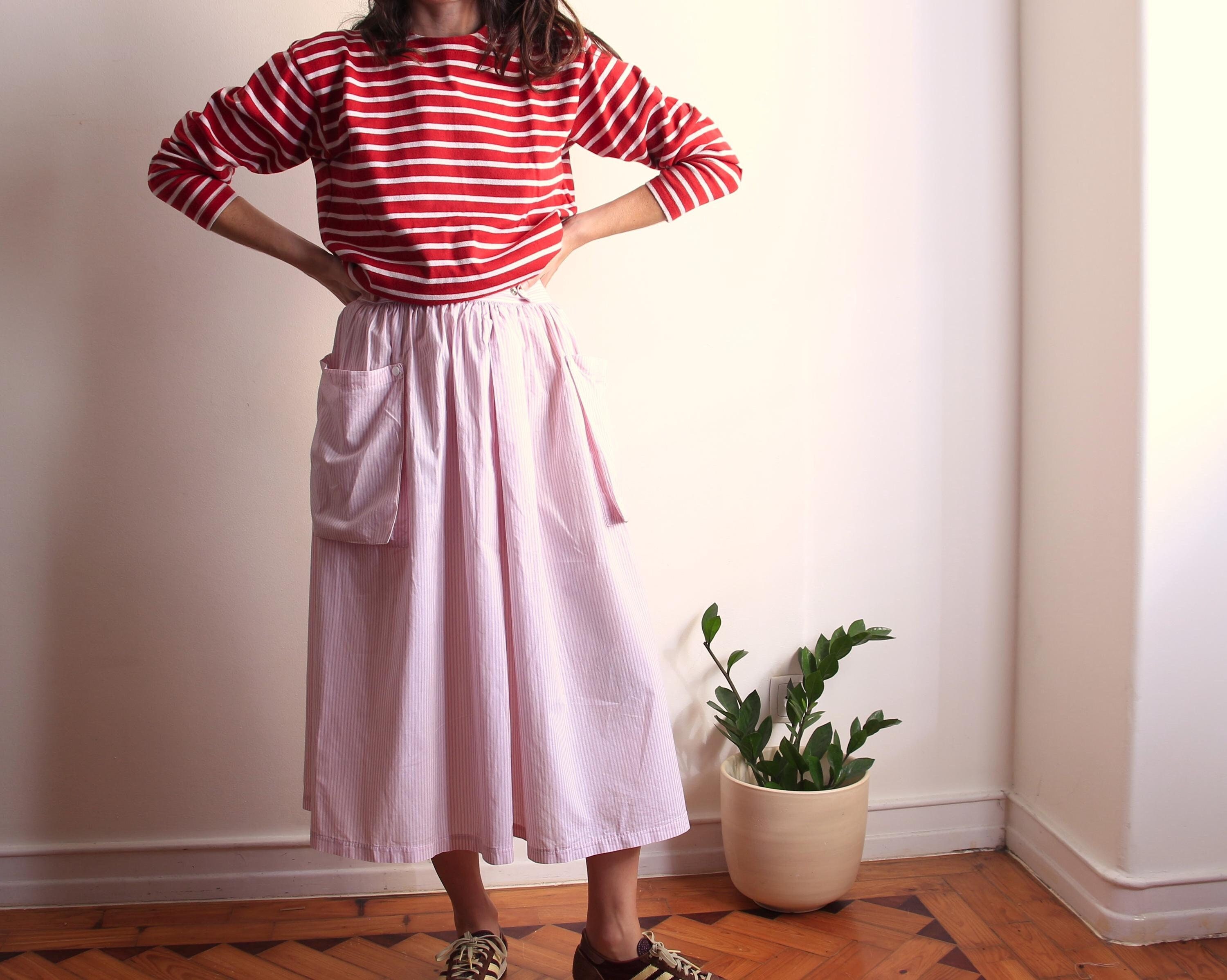 Vintage 60s Pink Striped Maxi Skirt with Large Side Pockets, Flared Elastic Waist Skirt
