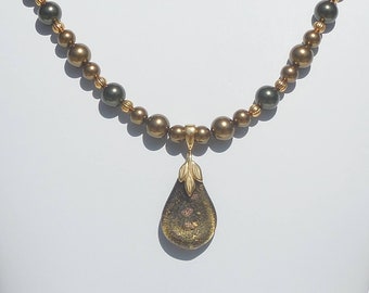 Swarovski antique brass/dark green pearl necklace with lampworked glass teardrop pendant