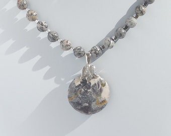 Silver crazy lace agate and hematite necklace with terra rosa jasper focal